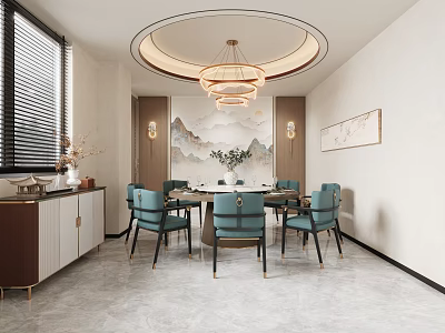 Elegant Dining Room Interior With Round Chandelier Blue Chairs And Landscape Paintings 3d model