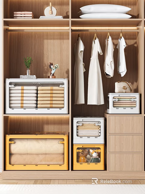 Home Storage Cabinet Rack With White Yellow Drawers Hanging Coats And Decorative Plants Ornaments 3d model 