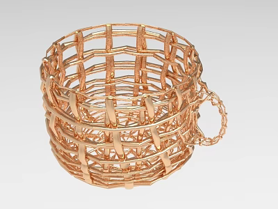 Golden Woven Metal Basket With Decorative Handle And Intricate Design 3d model