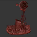 Indoor Decorative Model With Red Windmill Small Cabin Wagon Wheel Grass And Flowers