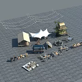 Outdoor Camping Area With Multiple Tents String Lights Seating And Brick Pavement 3d model
