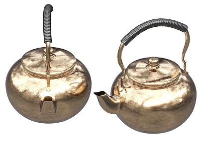 Traditional Golden Metal Teapots With Black Handles And Textured Surface Design 3d model