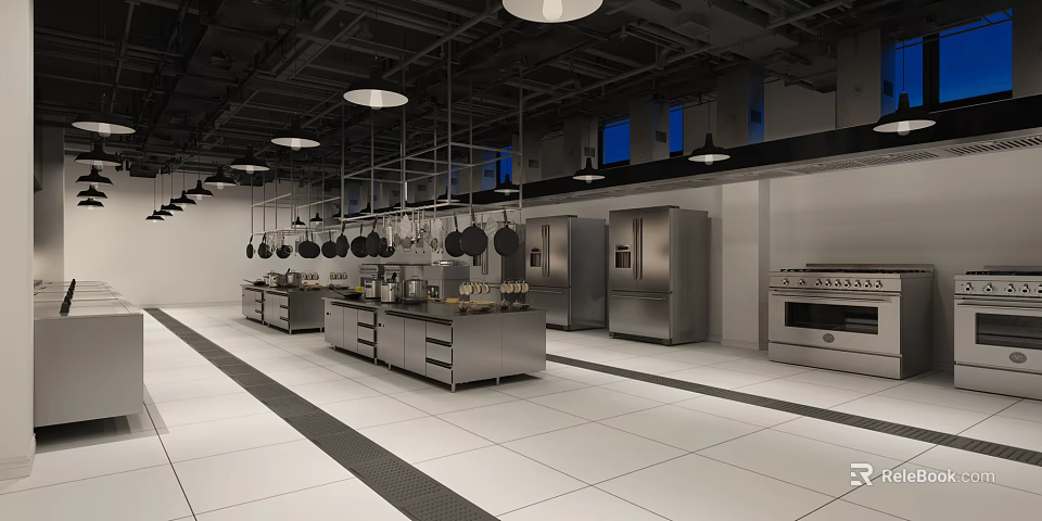 Professional Commercial Kitchen Interior With Stainless Steel Worktables Refrigerators Ovens And Hanging Utensils 3d model 