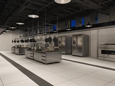 Professional Commercial Kitchen Interior With Stainless Steel Worktables Refrigerators Ovens And Hanging Utensils 3d model