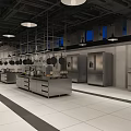 Professional Commercial Kitchen Interior With Stainless Steel Worktables Refrigerators Ovens And Hanging Utensils