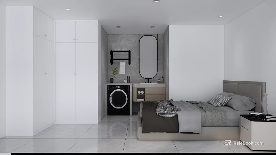 Modern Apartment Bedroom Interior With Wardrobe Washing Machine And Comfortable Bed Design 3d model 