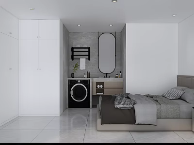 Modern Apartment Bedroom Interior With Wardrobe Washing Machine And Comfortable Bed Design 3d model