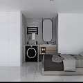 Modern Apartment Bedroom Interior With Wardrobe Washing Machine And Comfortable Bed Design