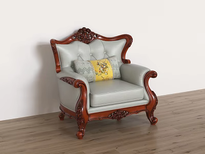 Classic Single Sofa With Carved Wooden Frame Light Leather Upholstery And Decorative Pillows 3d model
