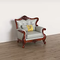 Classic Single Sofa With Carved Wooden Frame Light Leather Upholstery And Decorative Pillows