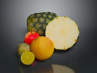 Fresh Assorted Fruits Display With Pineapple Apple Grapefruit Lemon And Avocado 3d model