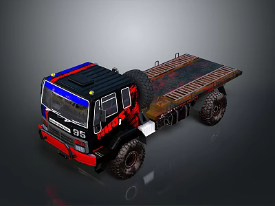 Off Road Flatbed Truck With Black Red Blue Body And 95 Decal 3d model