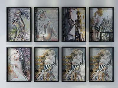 Eight Female Portrait Paintings in Various Styles with Black Frames Arranged Two Rows Four Columns 3d model