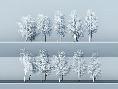 Snow Covered Trees Neatly Arranged in Two Rows With Light Blue Winter Background Scene 3d model