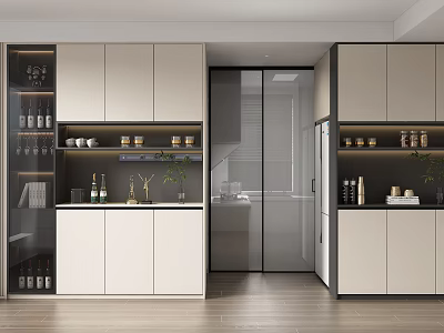 Modern Wine Cabinet with Glass Doors Bottles and Decor in Contemporary Kitchen Interior 3d model