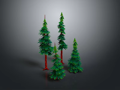 Realistic Three Green Pine Trees With Red Trunks On Gray Background 3d model