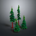 Realistic Three Green Pine Trees With Red Trunks On Gray Background 3d model
