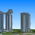 Modern High Rise Buildings Architectural Design With Glass Facade And Green Area