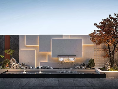 Modern Building Facade With Geometric Panel Design Embedded Lighting Water Feature And Stone Decorations 3d model