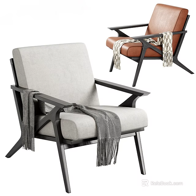 Modern Stylish Armchair with Light Gray and Brown Upholstery Throw Blanket and Black Wooden Frame 3d model 