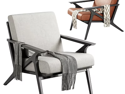 Modern Stylish Armchair with Light Gray and Brown Upholstery Throw Blanket and Black Wooden Frame 3d model