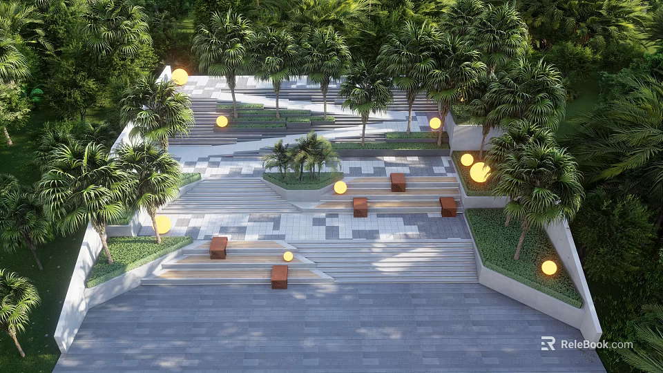 Outdoor Stairs With Palm Trees Round Lights Seats And Geometric Floor 3d model 