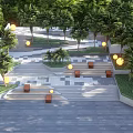 Outdoor Stairs With Palm Trees Round Lights Seats And Geometric Floor