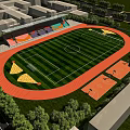 Professional Football Field With Red Running Track Green Grass Spectator Stands And Basketball Courts