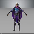 White Haired Female Character In Purple And Blue Armored Outfit With Cape