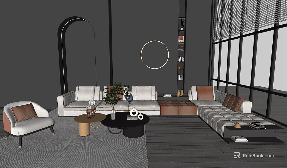 Modern Living Interior With White Brown Sofa And Coffee Table Set Decorative Plants Large Windows 3d model