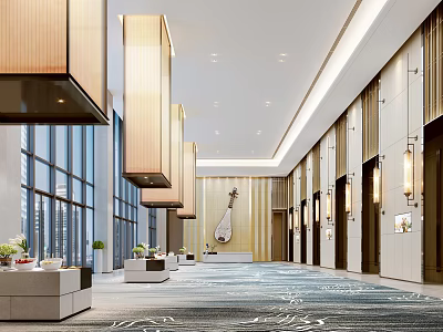 Spacious Hotel Lobby With Floor to Ceiling Windows Pendent Lights and Decorative Carpet 3d model