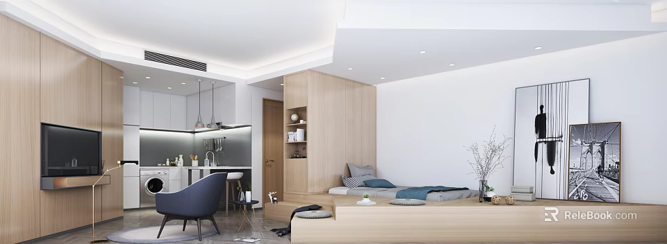 Modern Apartment Interior With Open Layout Wooden Elements And Comfortable Living Space 3d model 