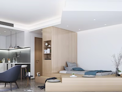 Modern Apartment Interior With Open Layout Wooden Elements And Comfortable Living Space 3d model