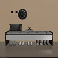 Entryway Bench With Checkered Cushion Stacked Books And Shoe Storage Drawers On Beige Wall