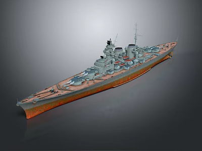 Detailed Warship Model With Gray Hull Red Bottom And Deck Turrets And Masts 3d model