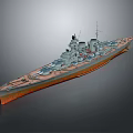 Detailed Warship Model With Gray Hull Red Bottom And Deck Turrets And Masts