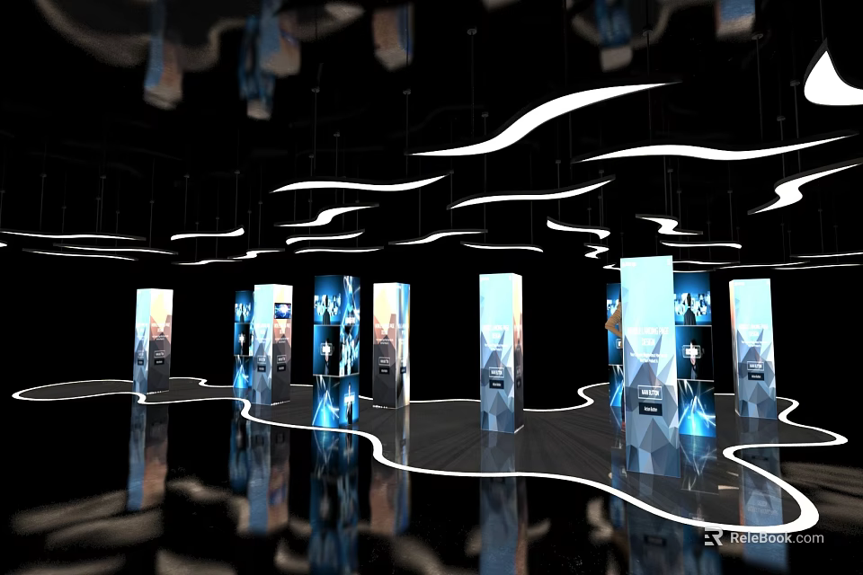 Art Installation Featuring Exhibition Columns With Flowing White Lines And Black Reflective Floor 3d model 