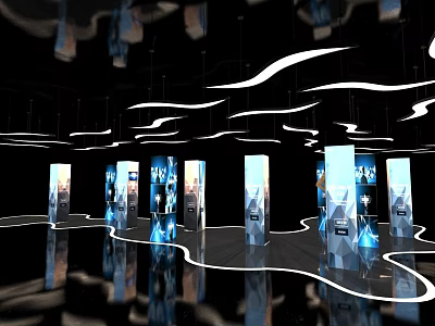 Art Installation Featuring Exhibition Columns With Flowing White Lines And Black Reflective Floor 3d model