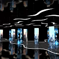Art Installation Featuring Exhibition Columns With Flowing White Lines And Black Reflective Floor