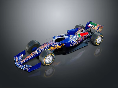 Blue Formula 1 Race Car With Gold Patterns And Italian Flag Details 3d model