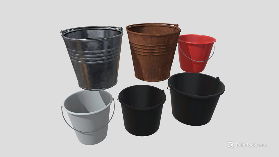 Various Colorful Metal And Plastic Washing Buckets For Daily Cleaning Tasks 3d model 