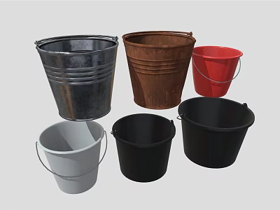 Various Colorful Metal And Plastic Washing Buckets For Daily Cleaning Tasks 3d model