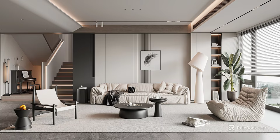 Modern Living Room Interior Design With Sectional Sofa Area Rug Floor Lamp And Decorative Painting 3d model 