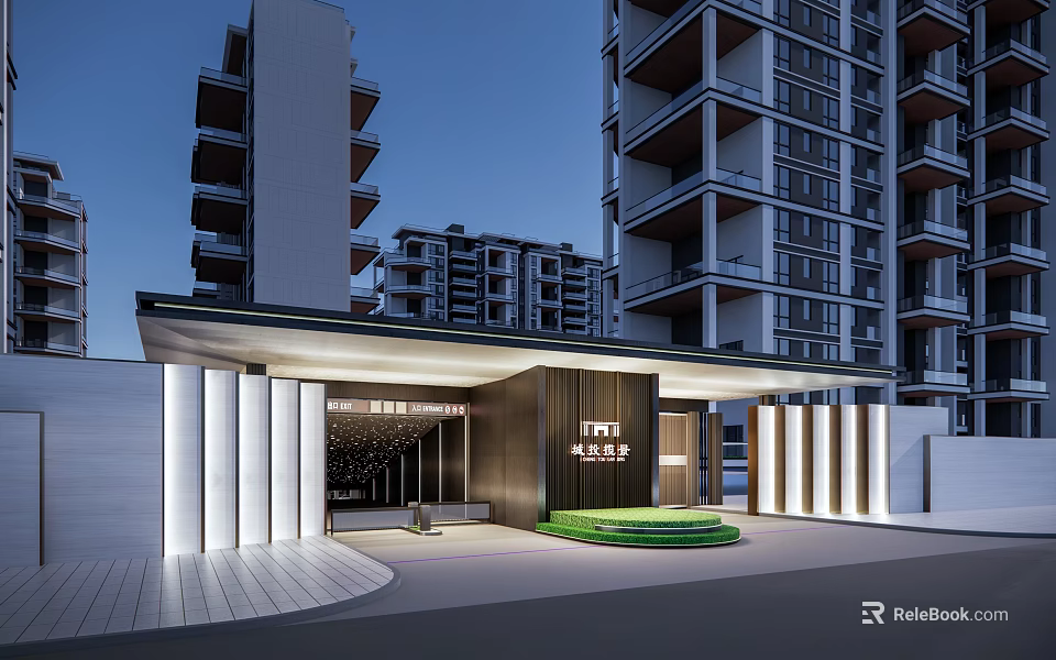 Modern Residential Entrance Gate With Illuminated Columns Covered Awning And High Rise Buildings 3d model 