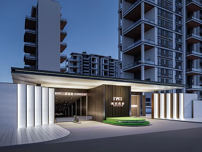 Modern Residential Entrance Gate With Illuminated Columns Covered Awning And High Rise Buildings 3d model