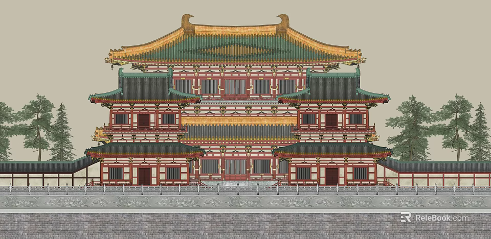 Ancient Chinese Architecture With Multi Story Structure Traditional Curved Eaves And Red Wooden Walls 3d model 