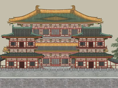 Ancient Chinese Architecture With Multi Story Structure Traditional Curved Eaves And Red Wooden Walls 3d model