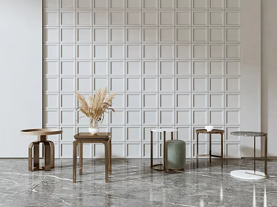 Modern Side Tables Display With White Grid Wall Marble Floor And Pampas Grass Vase 3d model
