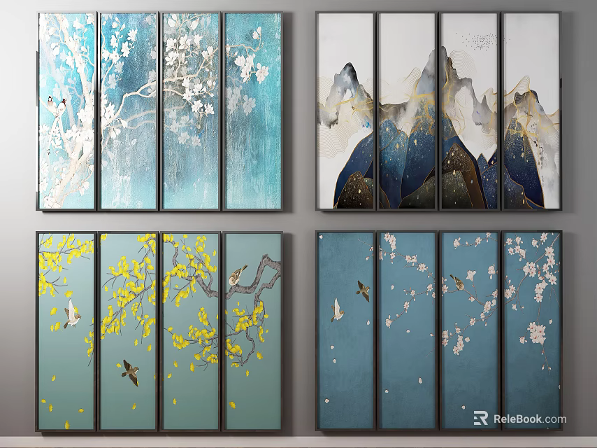 Modern Multiple Panel Plant Paintings with Trees Flowers Birds for Home Decor 3d model