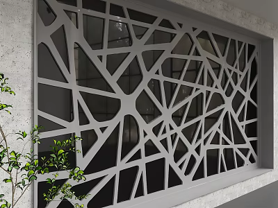 Modern Gray Background Wall With Geometric Laser Cut Patterns And Green Plants 3d model